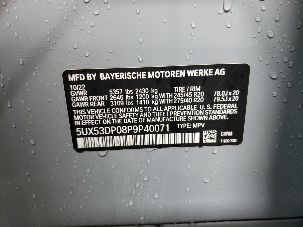 2023 BMW X3 XDRIVE30I VIN:5UX53DP08P9P40071