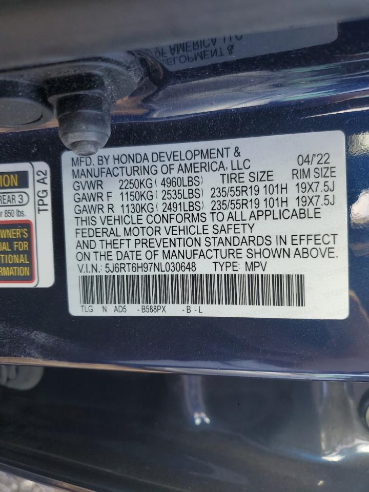 2022 HONDA CR-V TOURING VIN:5J6RT6H97NL030648