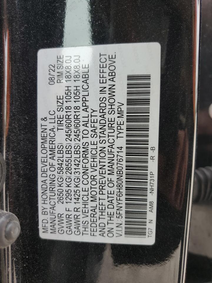 2022 HONDA PILOT TRAILSPORT VIN:5FNYF6H80NB076714