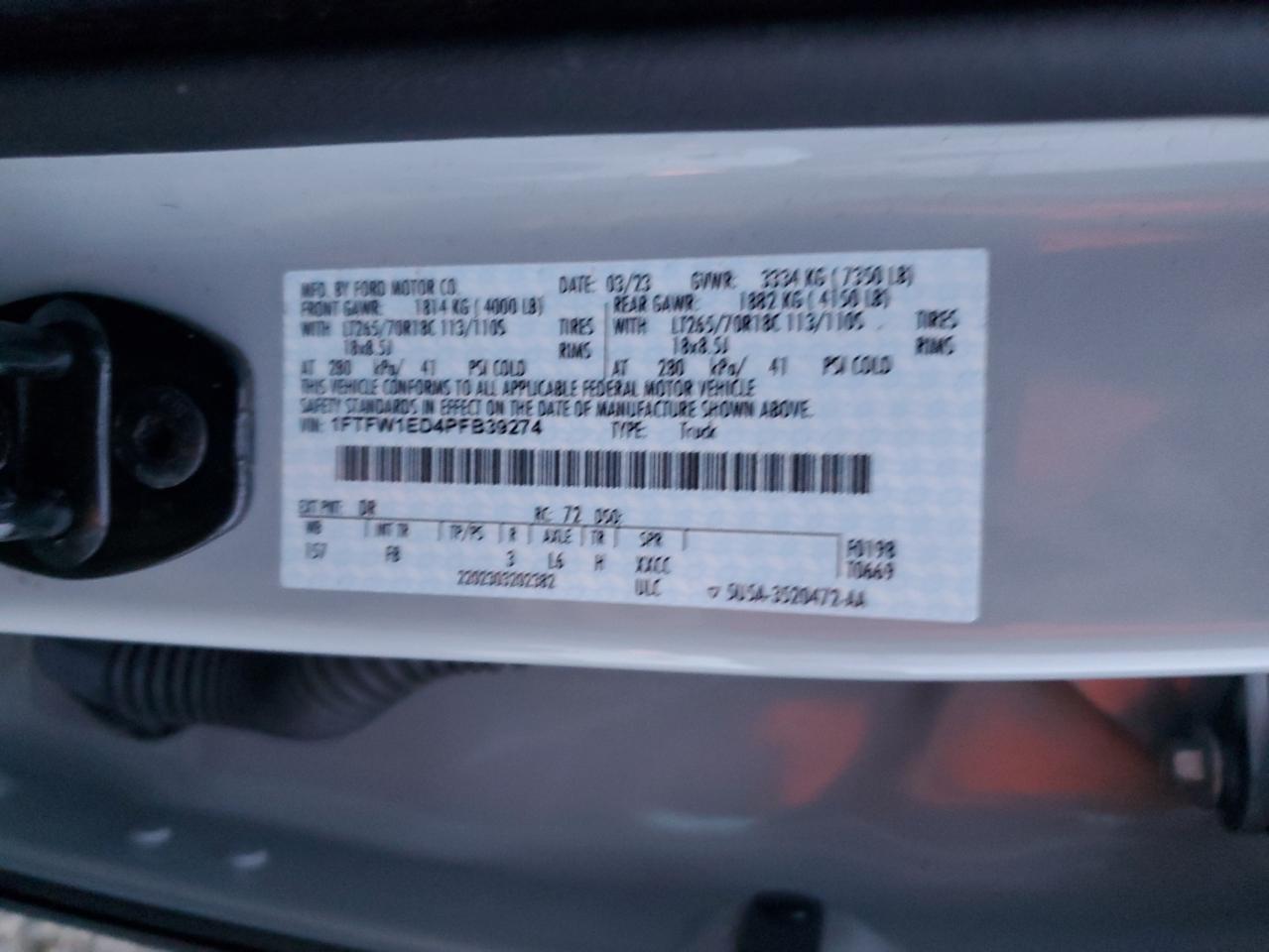 2023 FORD F150 SUPERCREW VIN:1FTFW1ED4PFB39274