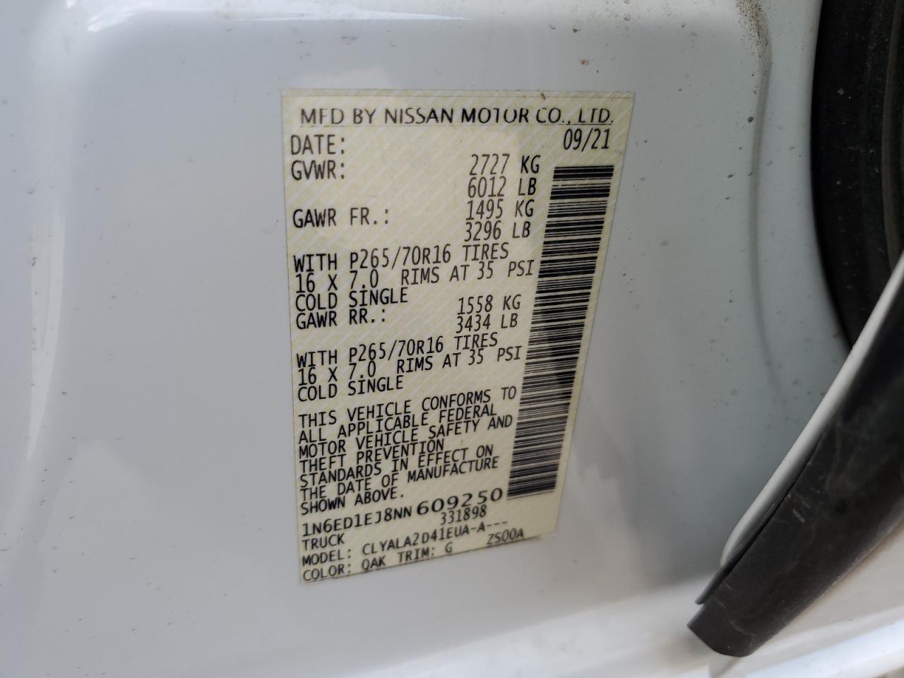 2022 NISSAN FRONTIER S VIN:1N6ED1EJ8NN609250
