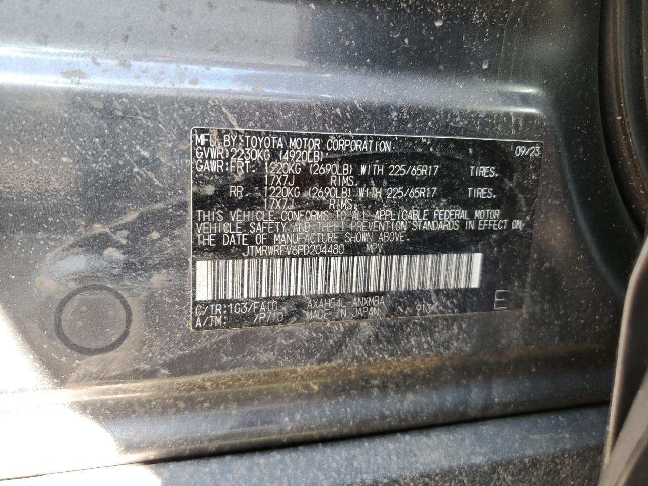 2023 TOYOTA RAV4 XLE VIN:JTMRWRFV6PD204480