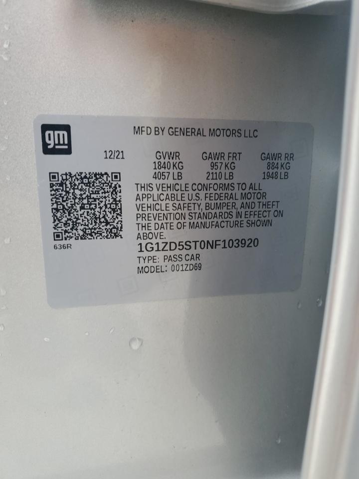 2022 CHEVROLET MALIBU LT VIN:1G1ZD5ST0NF103920