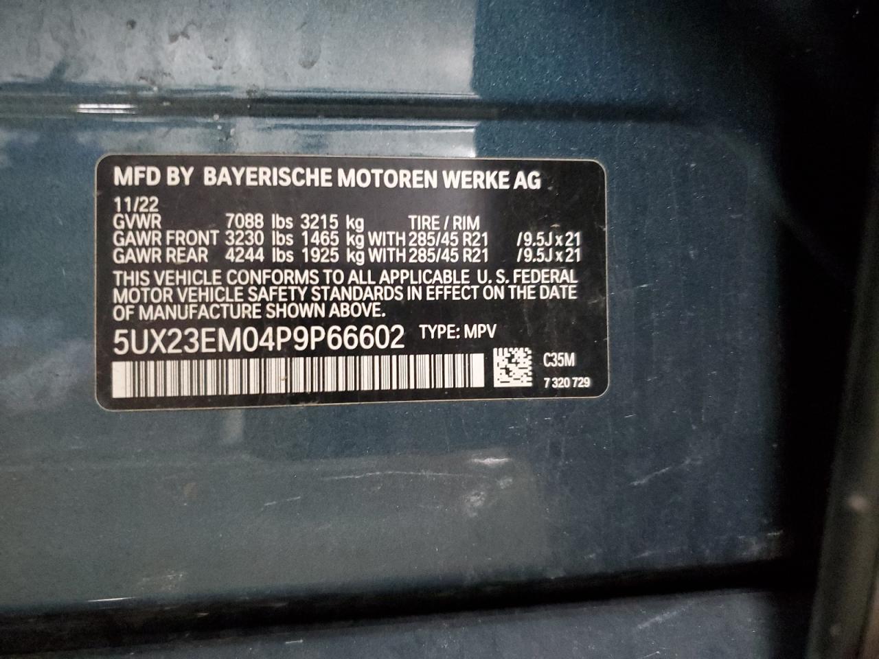 2023 BMW X7 XDRIVE40I VIN:5UX23EM04P9P66602