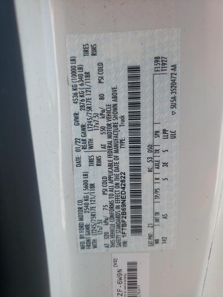 2022 FORD F250 SUPER DUTY VIN:1FTBF2B69NED42822