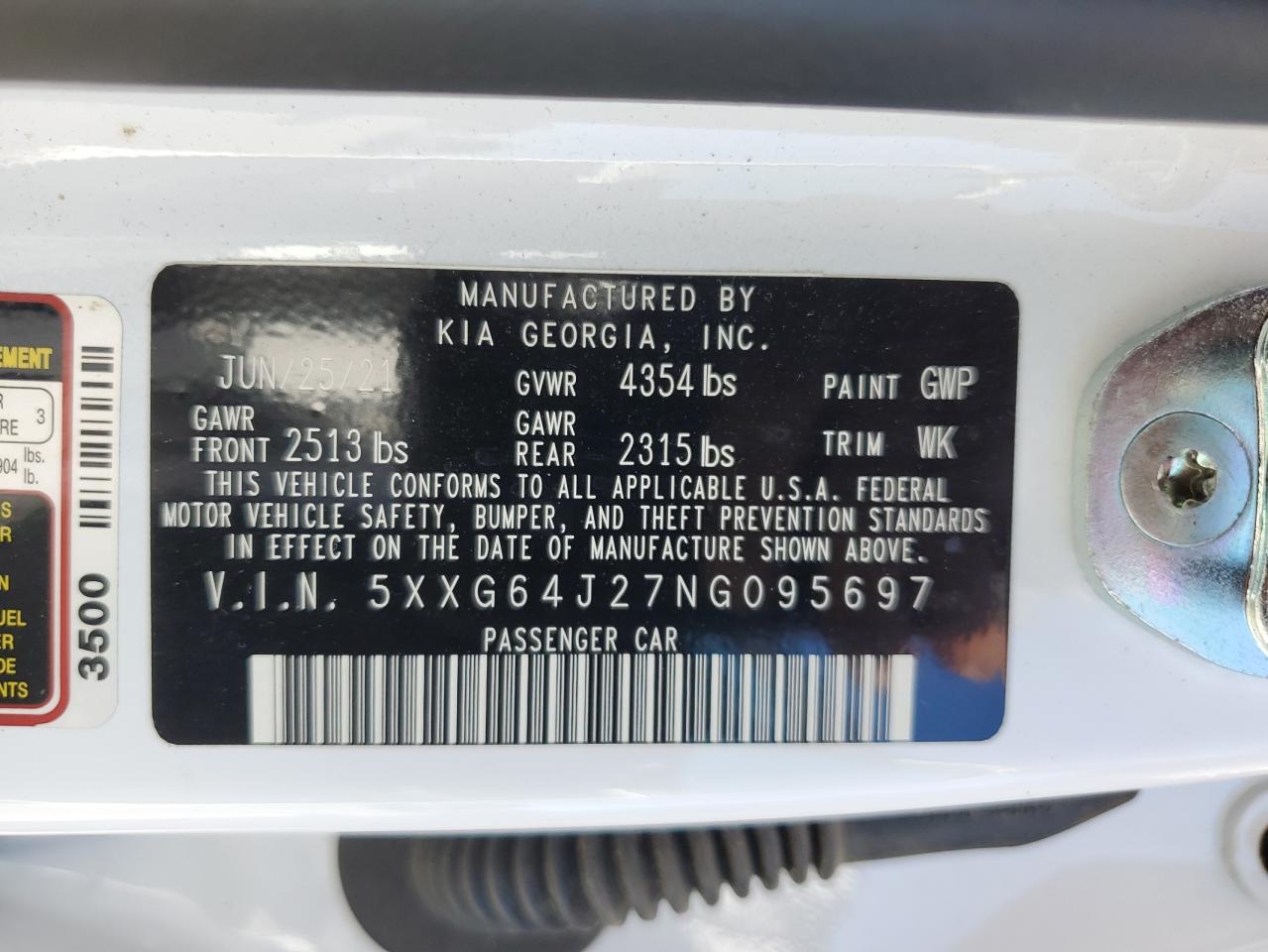 2022 KIA K5 GT LINE VIN:5XXG64J27NG095697