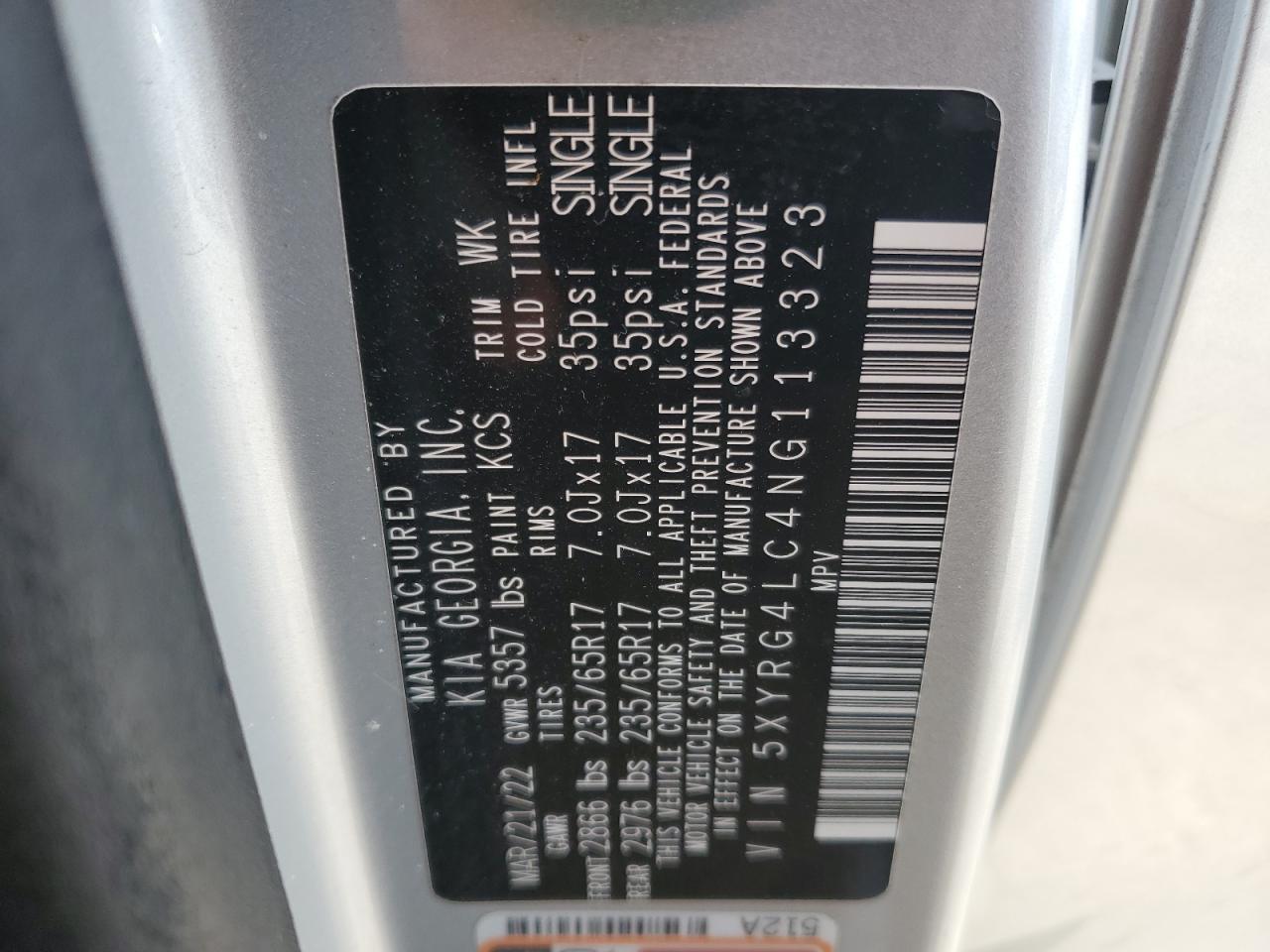 2022 KIA SORENTO LX VIN:5XYRG4LC4NG113323