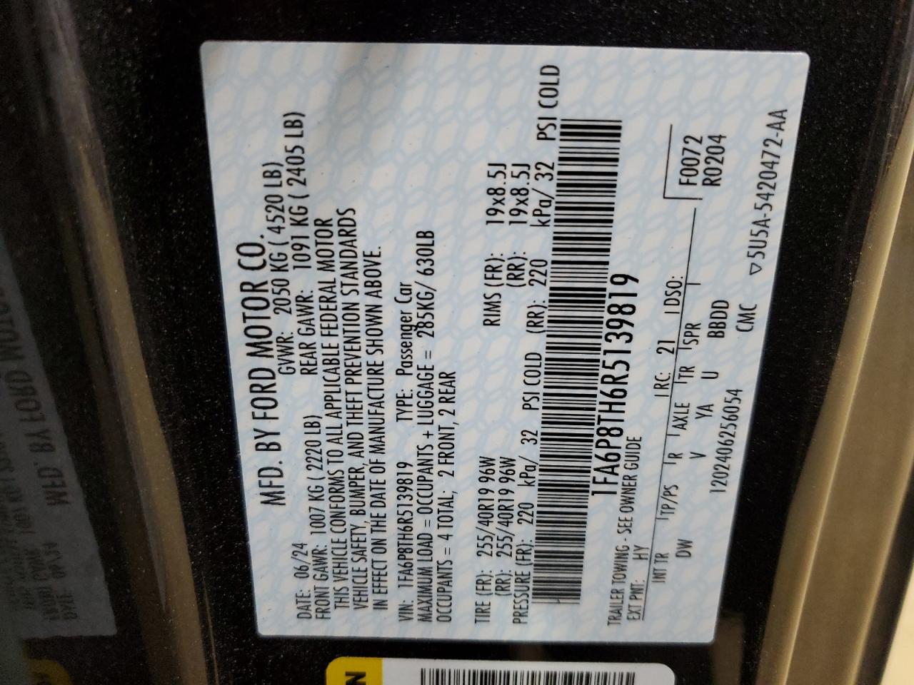 2024 FORD MUSTANG  VIN:4T1BK1EB8GU212551