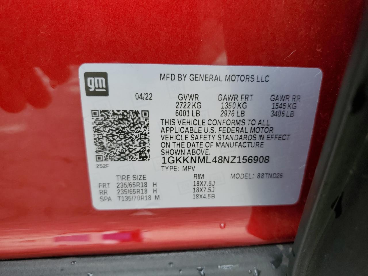 2022 GMC ACADIA SLT VIN:1GKKNML48NZ156908