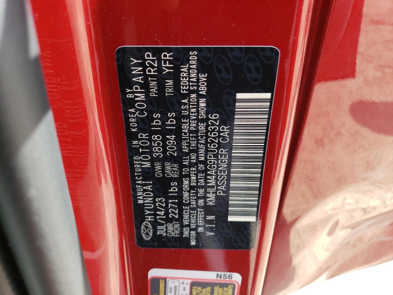 2023 HYUNDAI ELANTRA SEL VIN:KMHLM4AG9PU626326