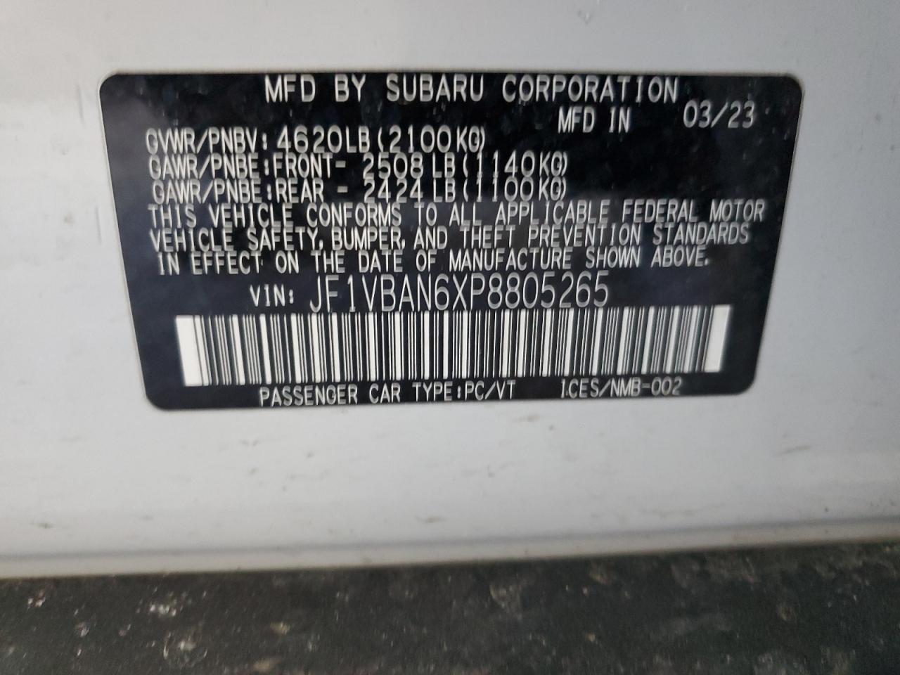2023 SUBARU WRX LIMITED VIN:JF1VBAN6XP8805265