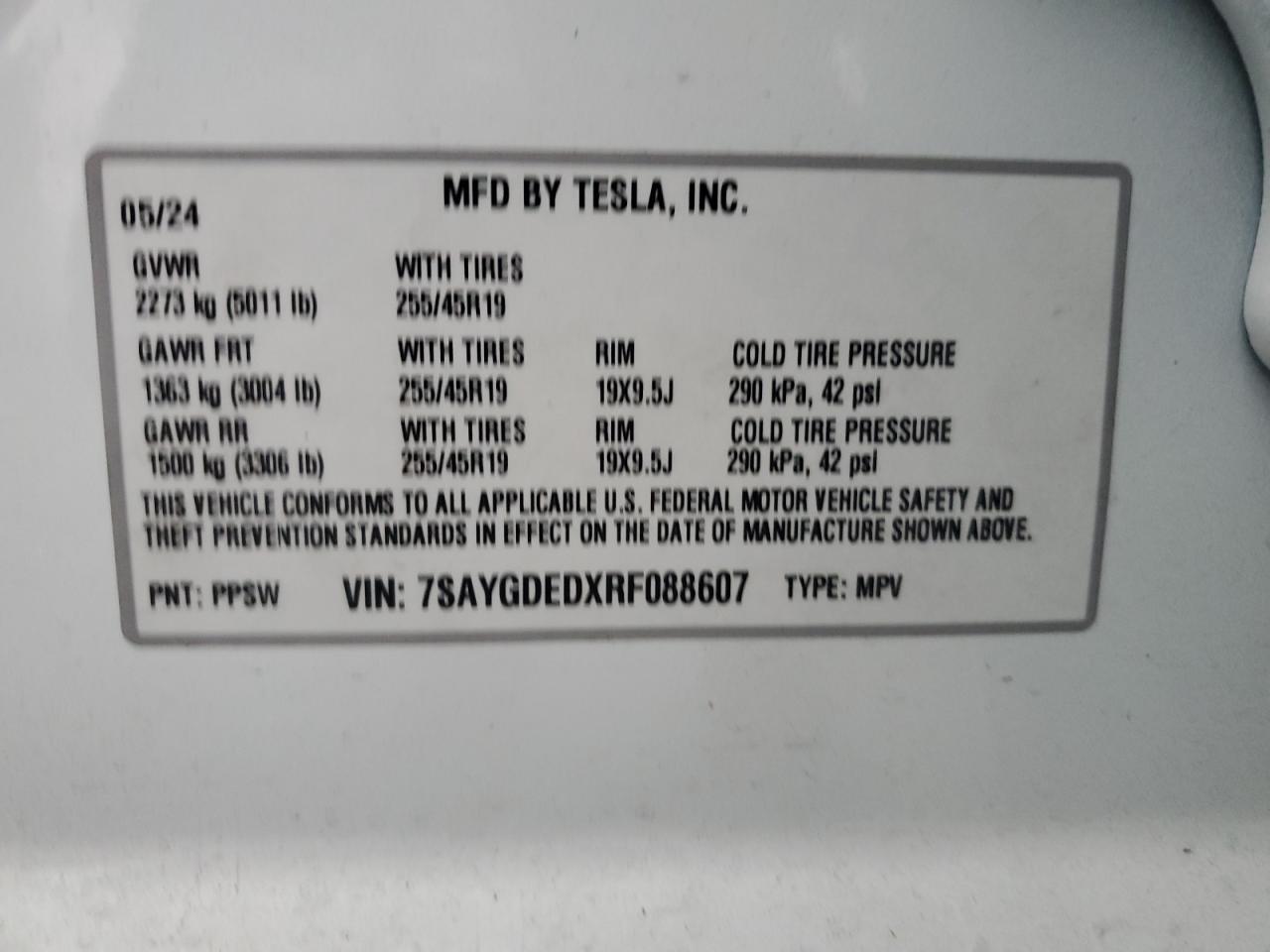 2024 TESLA MODEL Y  VIN:7SAYGDEDXRF088607