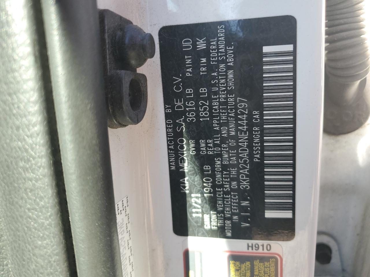 2022 KIA RIO S VIN:3KPA25AD4NE444297