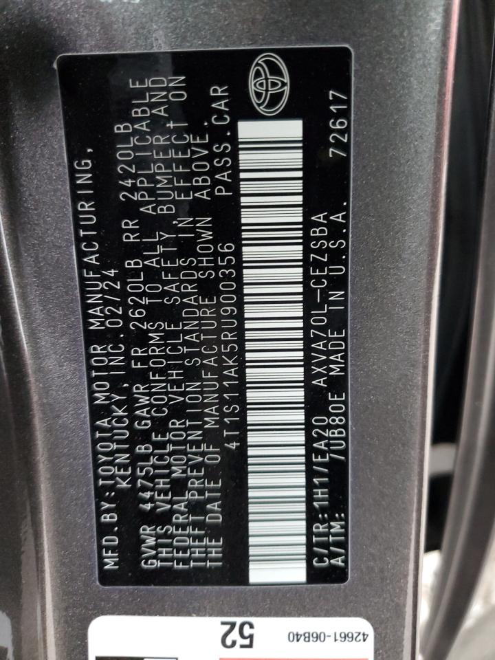 2024 TOYOTA CAMRY SE NIGHT SHADE VIN:4T1S11AK5RU900356