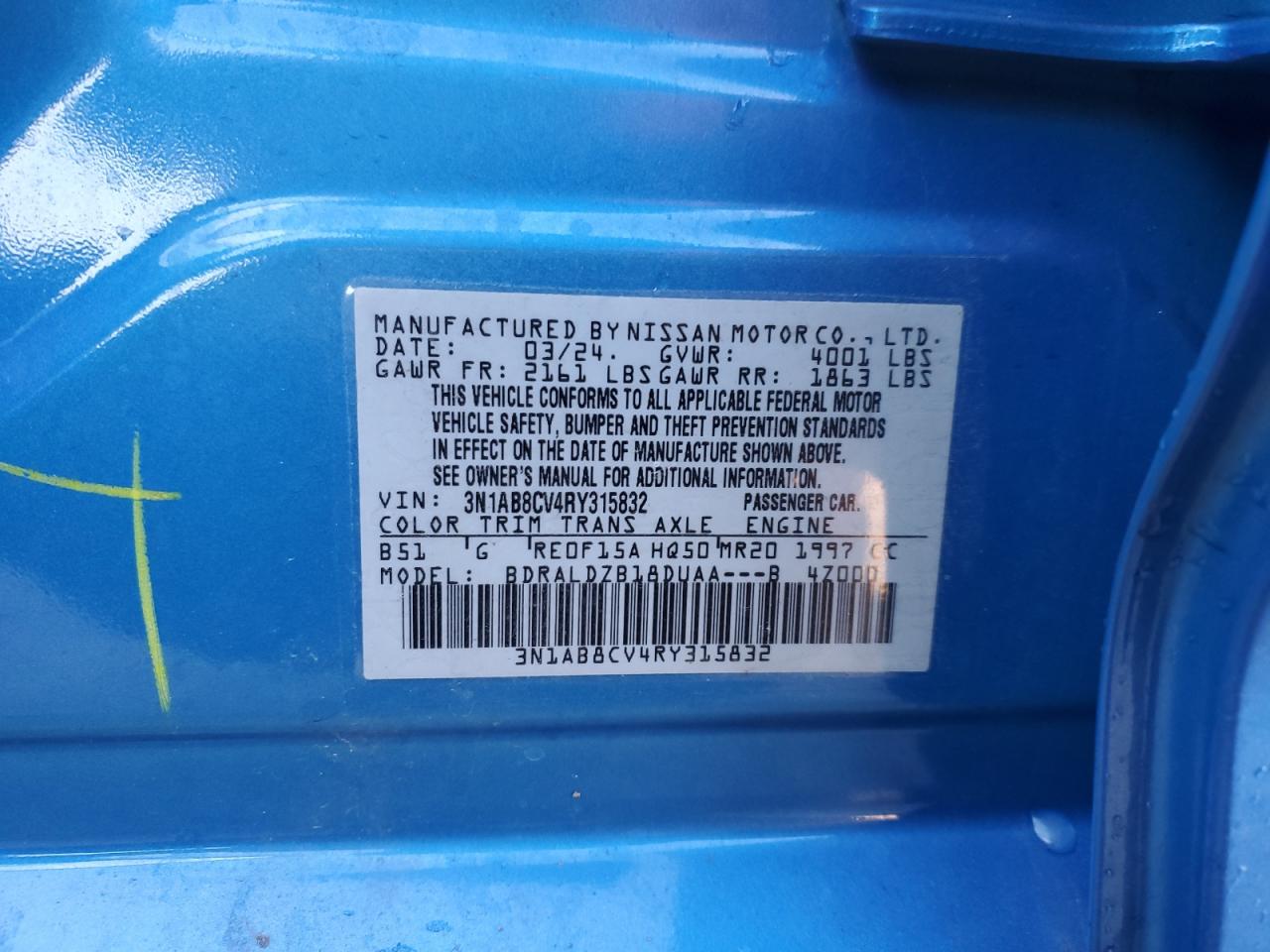 2024 NISSAN SENTRA SV VIN:3N1AB8CV4RY315832