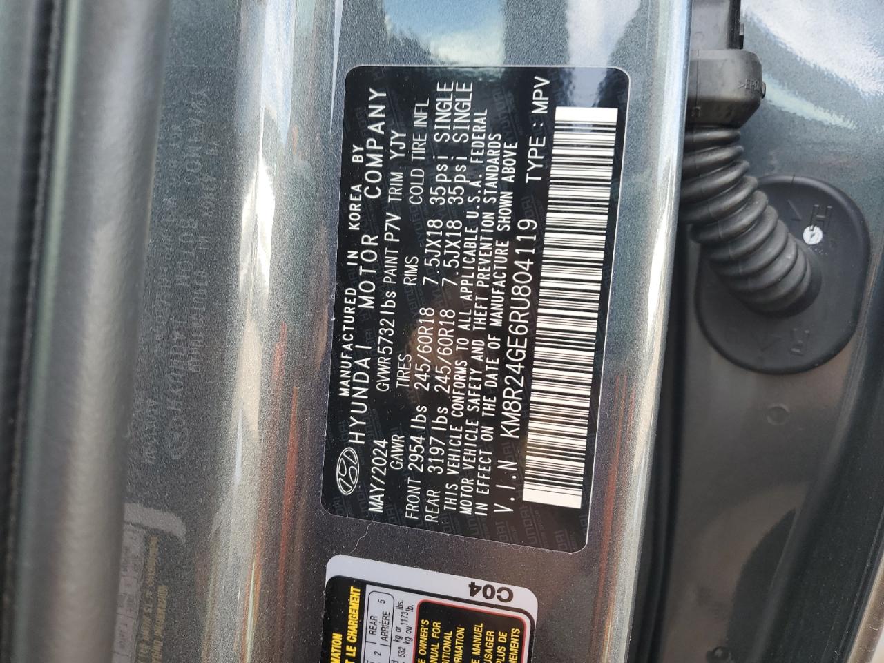 2024 HYUNDAI PALISADE SEL VIN:KM8R24GE6RU804119