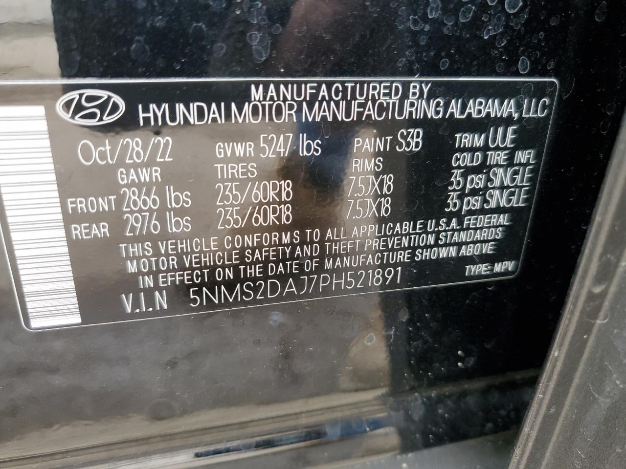 2023 HYUNDAI SANTA FE SEL VIN:5NMS2DAJ7PH521891