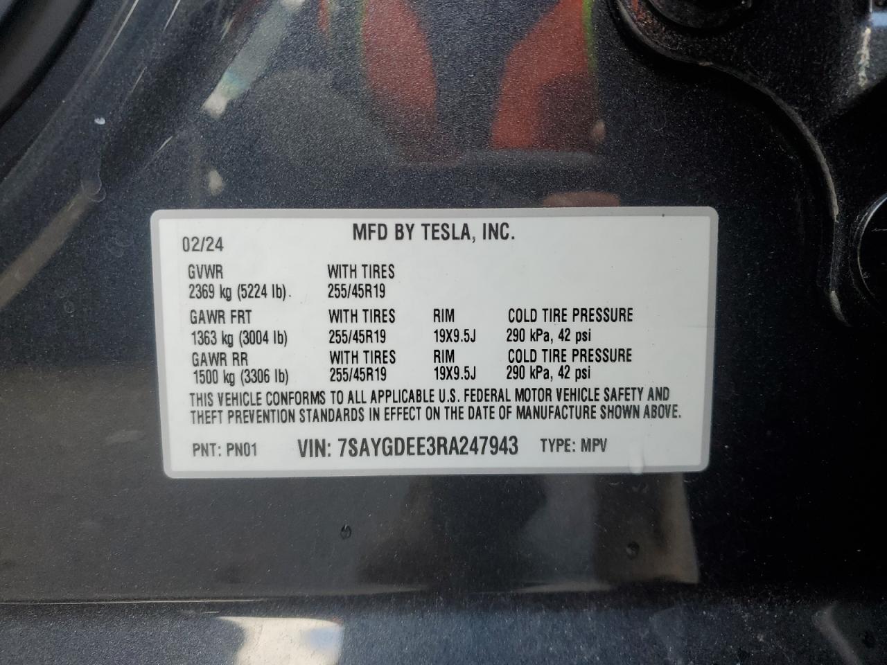 2024 TESLA MODEL Y  VIN:7SAYGDEE3RA247943