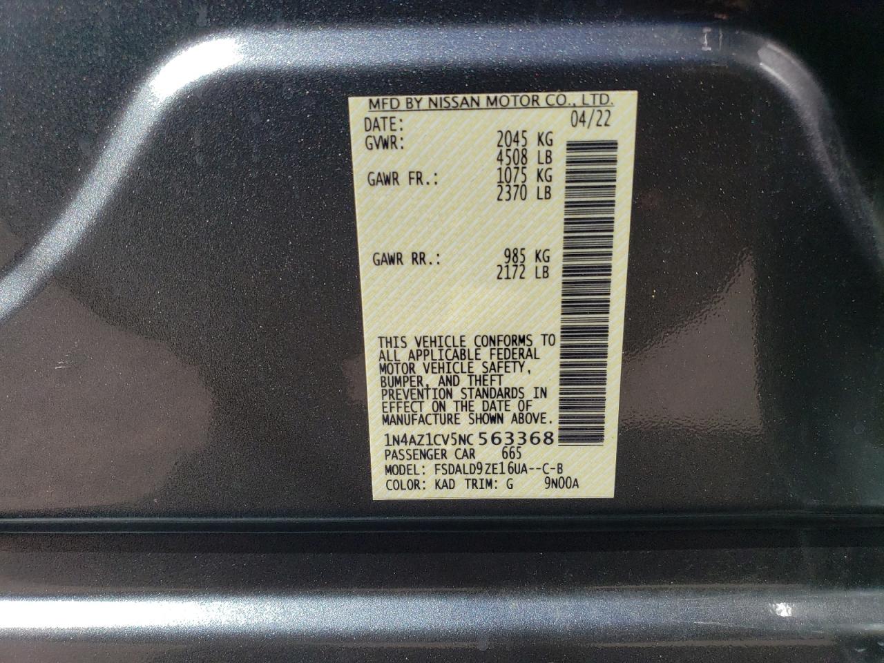2022 NISSAN LEAF SV VIN:1N4AZ1CV5NC563368