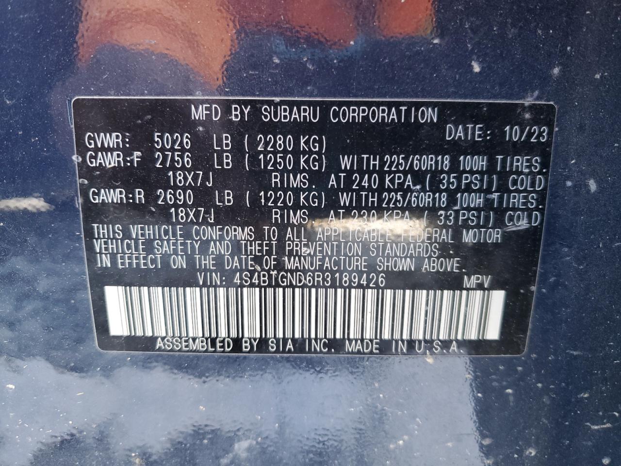 2024 SUBARU OUTBACK LIMITED XT VIN:4S4BTGND6R3189426