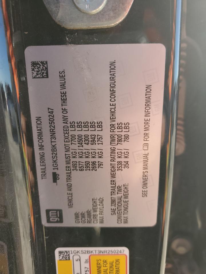 2022 GMC YUKON SLT VIN:1GKS2BKT3NR250247