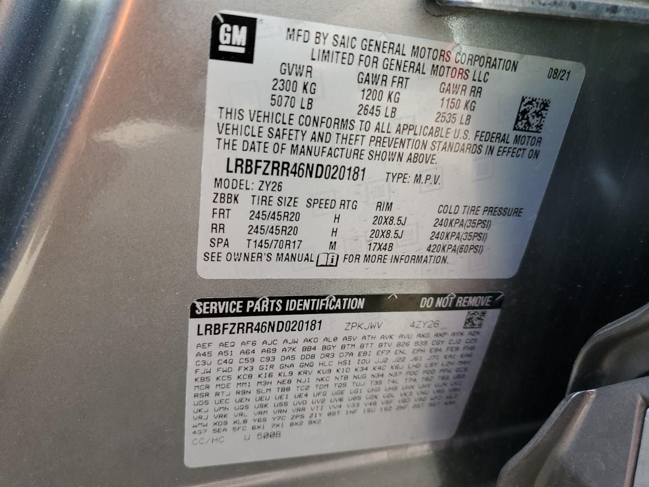 2022 BUICK ENVISION AVENIR VIN:LRBFZRR46ND020181