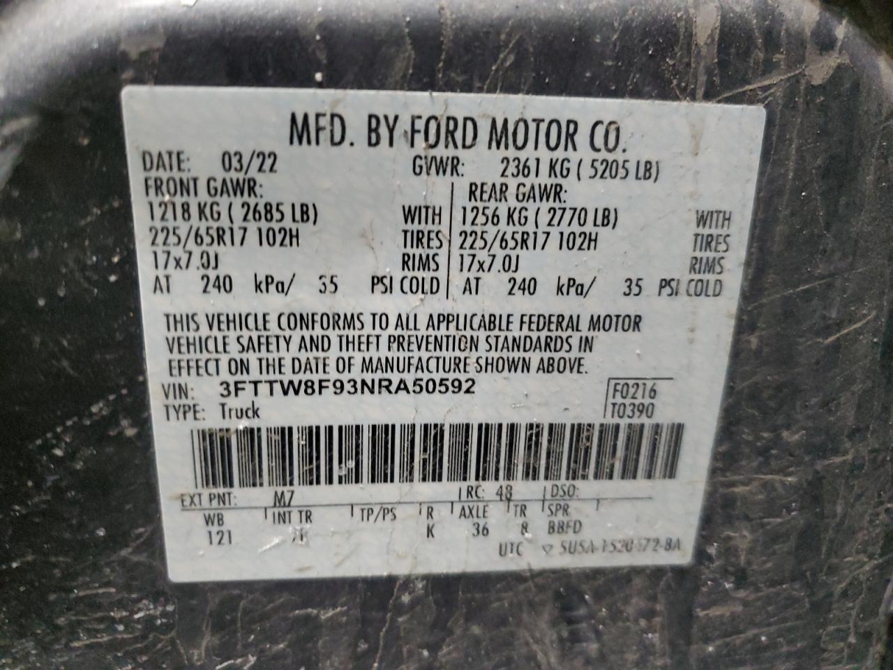 2022 FORD MAVERICK XL VIN:3FTTW8F93NRA50592