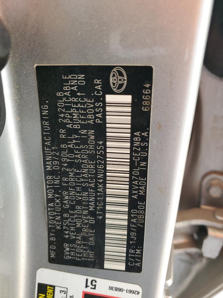 2022 TOYOTA CAMRY LE VIN:4T1C11AK4NU627554