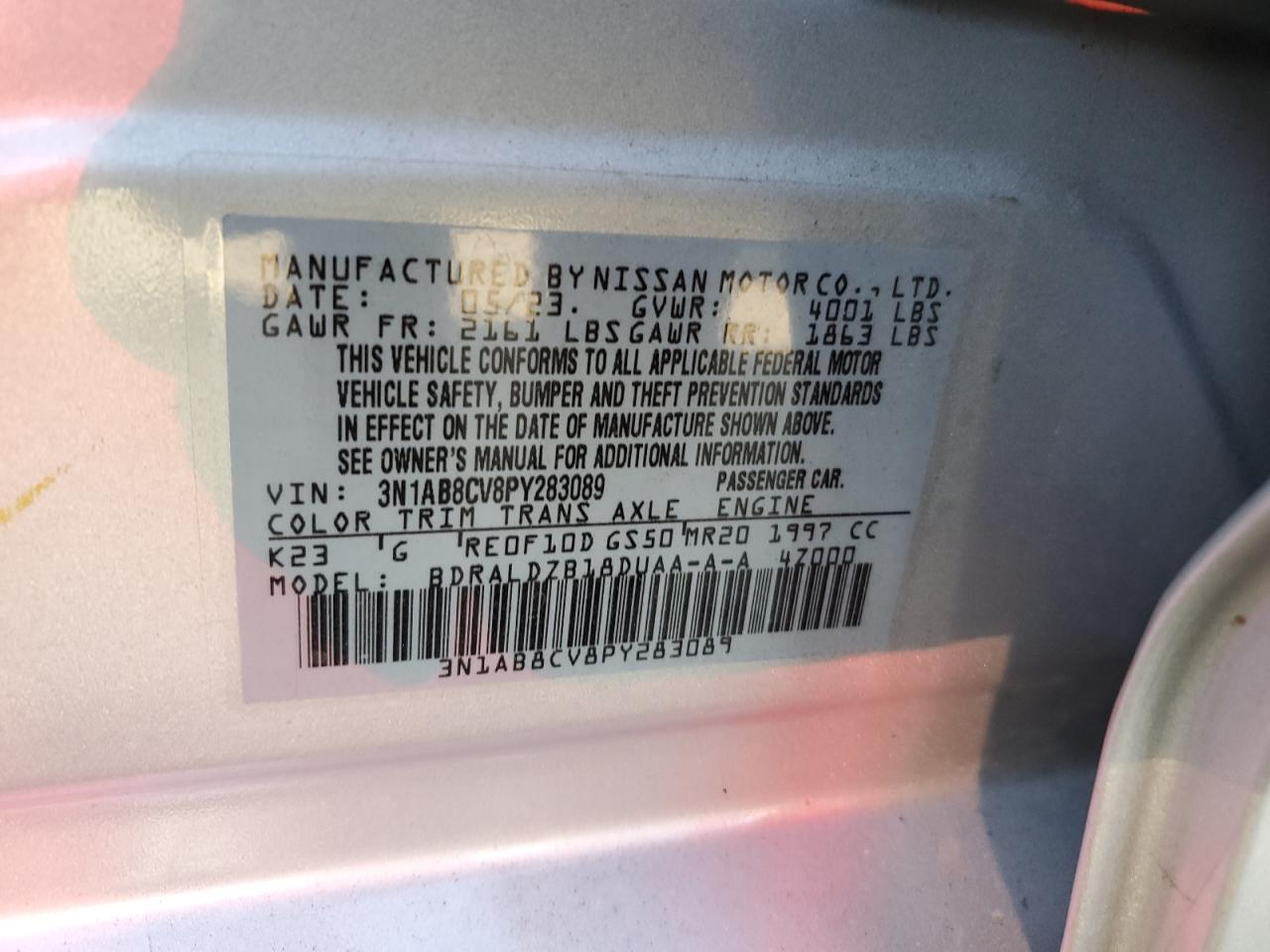 2023 NISSAN SENTRA SV VIN:3N1AB8CV8PY283089