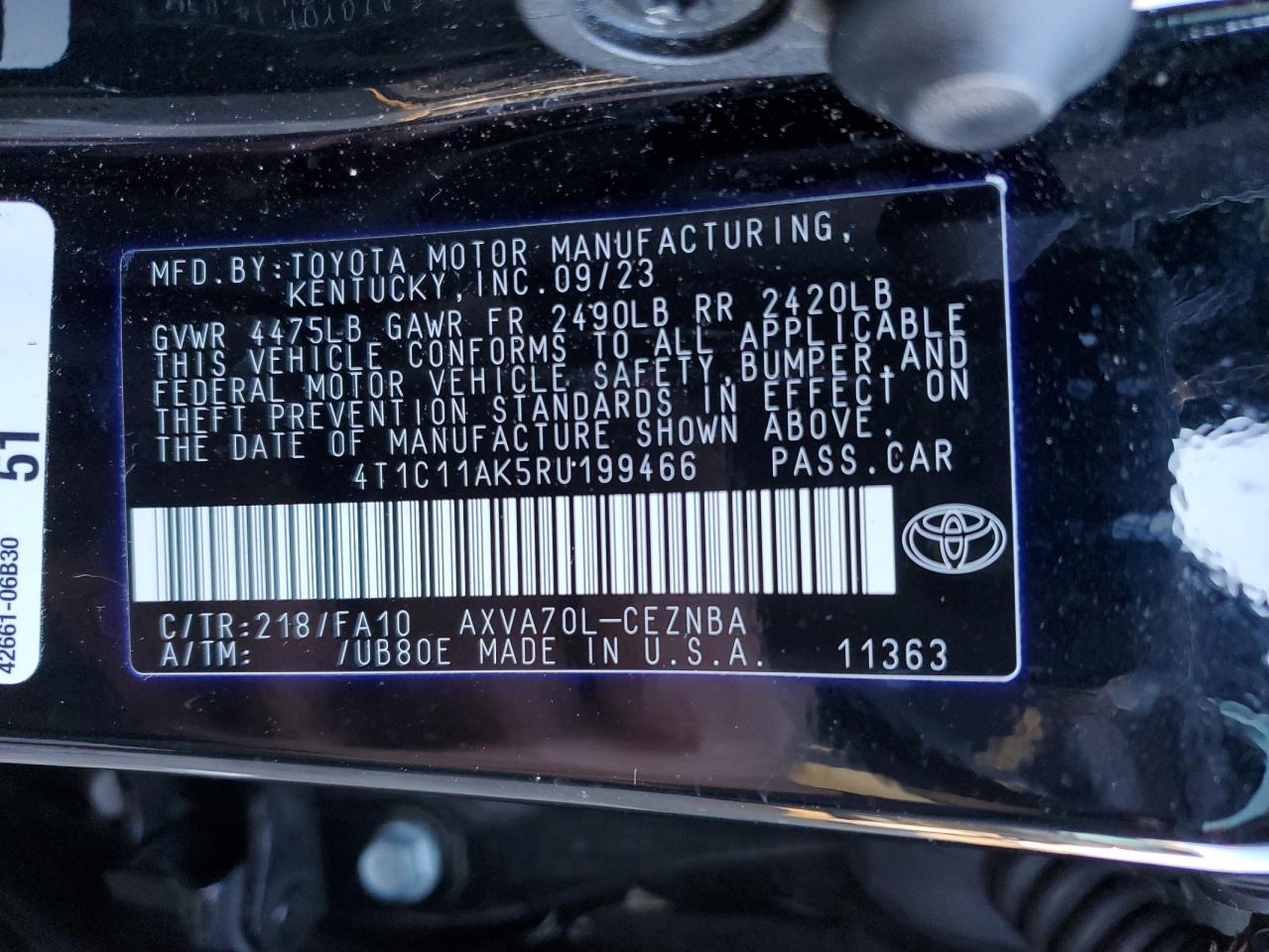 2024 TOYOTA CAMRY LE VIN:4T1C11AK5RU199466