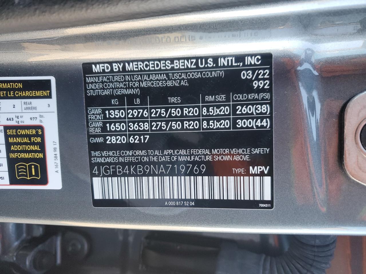 2022 MERCEDES-BENZ GLE 350 4MATIC VIN:4JGFB4KB9NA719769