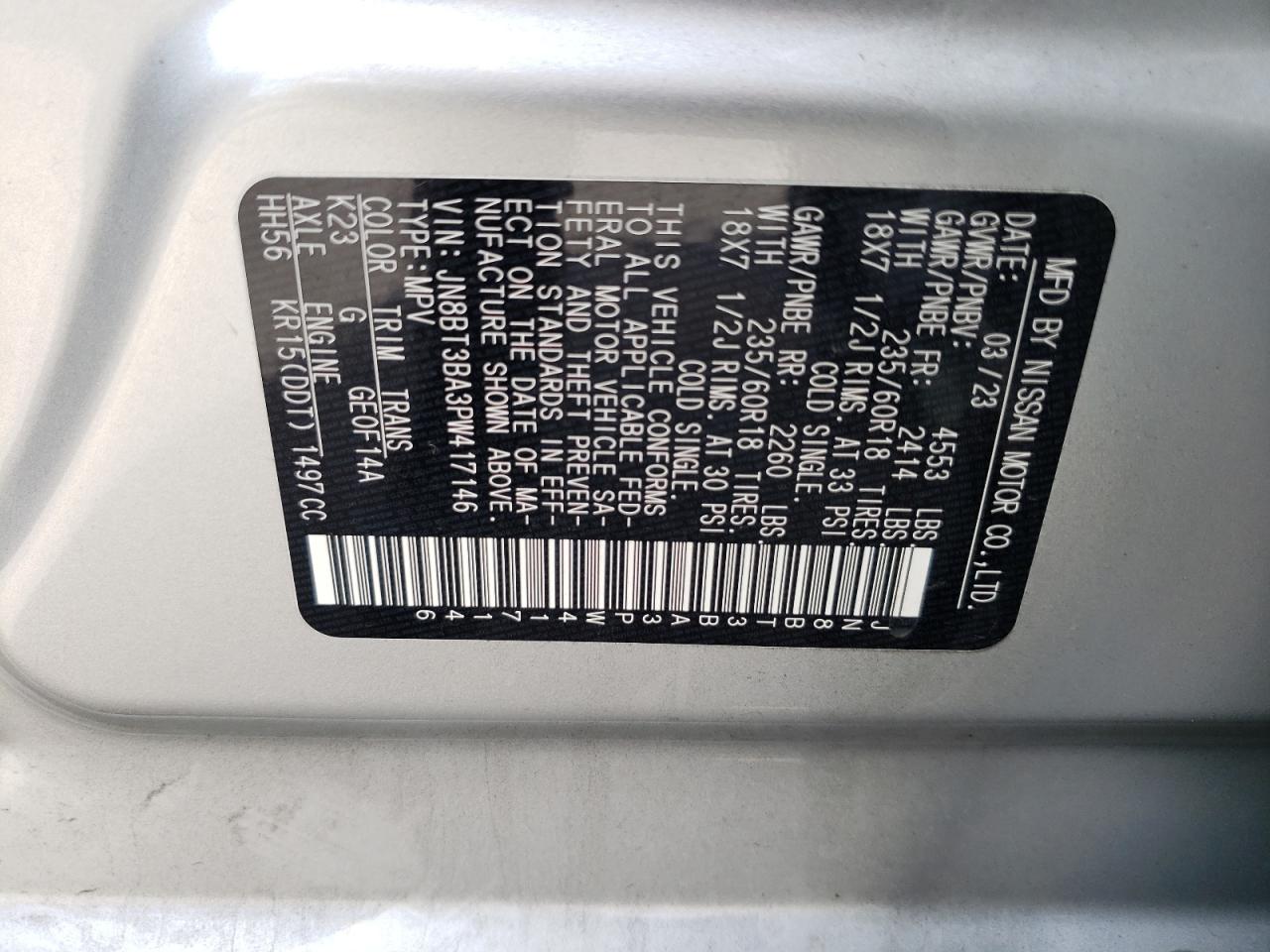 2023 NISSAN ROGUE SV VIN:JN8BT3BA3PW417146