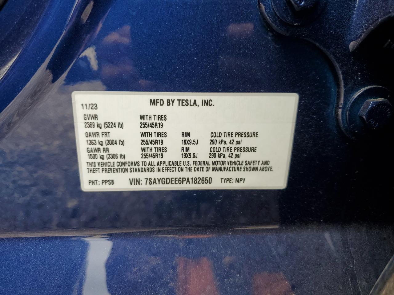 2023 TESLA MODEL Y  VIN:7SAYGDEE6PA182650