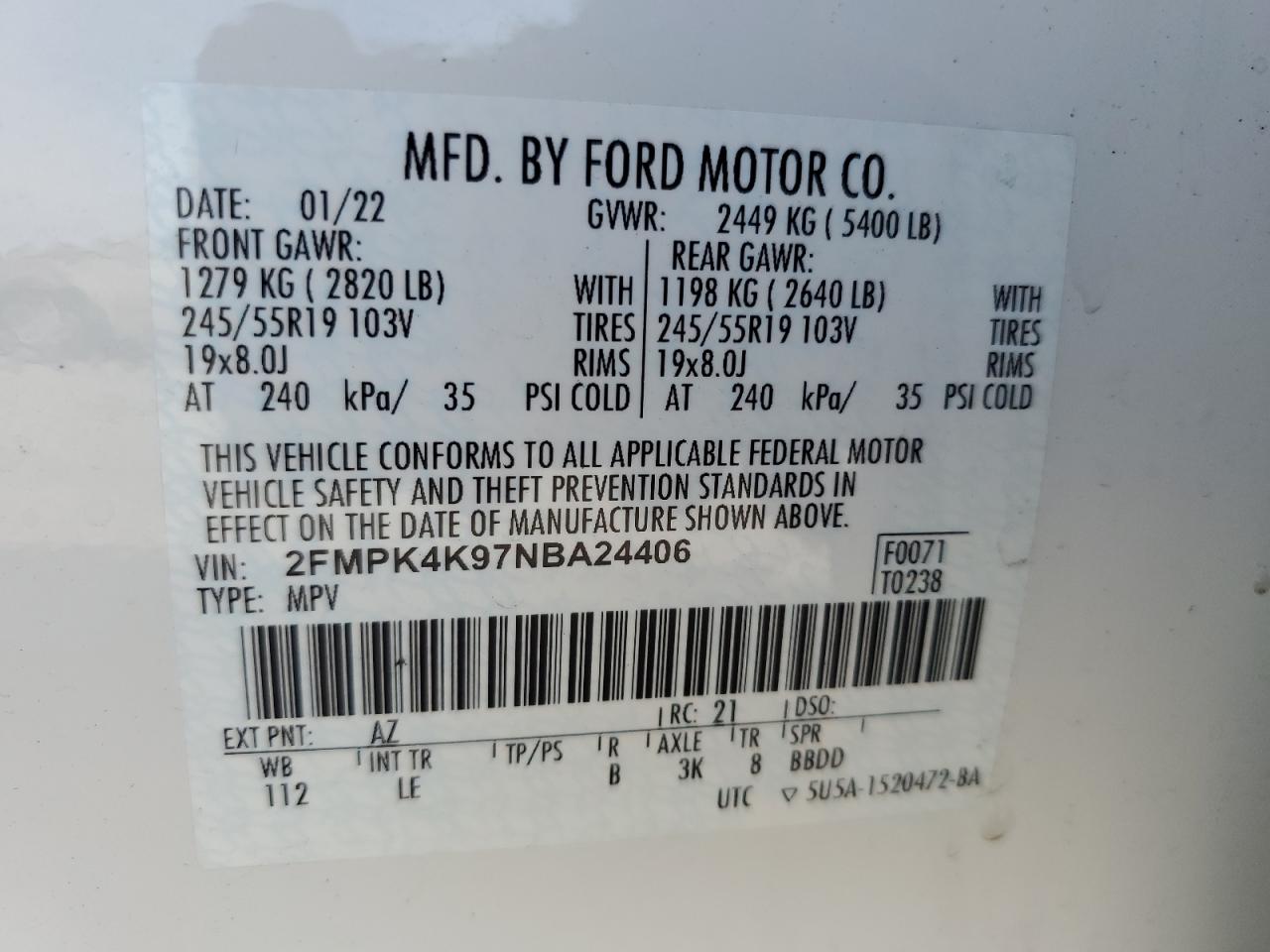 2022 FORD EDGE TITANIUM VIN:2FMPK4K97NBA24406