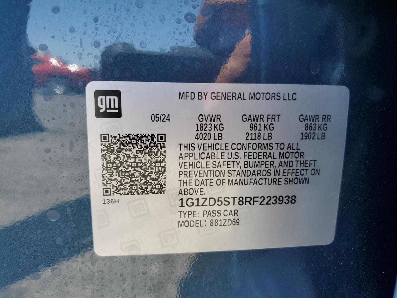 2024 CHEVROLET MALIBU LT VIN:1G1ZD5ST8RF223938