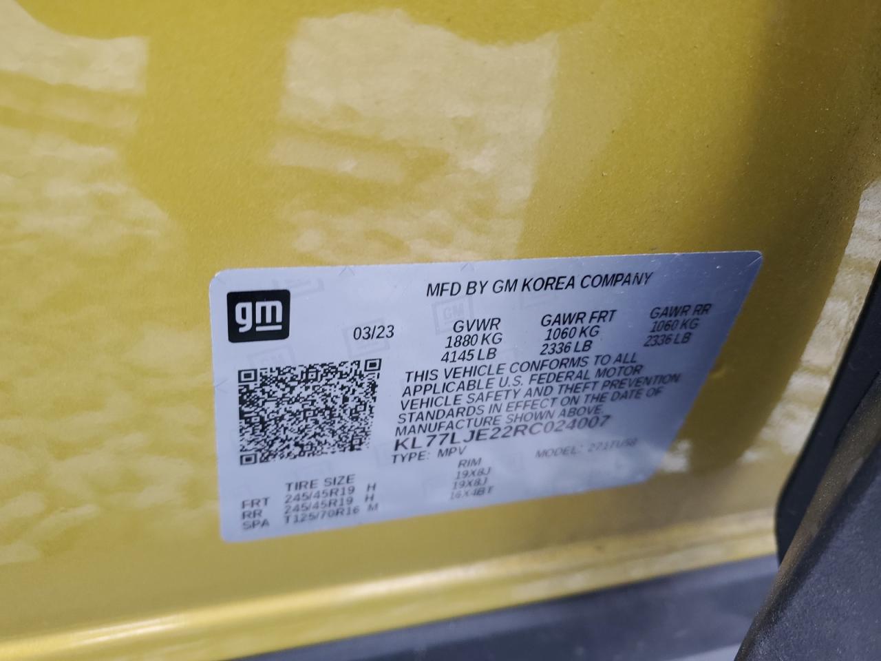 2024 CHEVROLET TRAX 2RS VIN:KL77LJE22RC024007