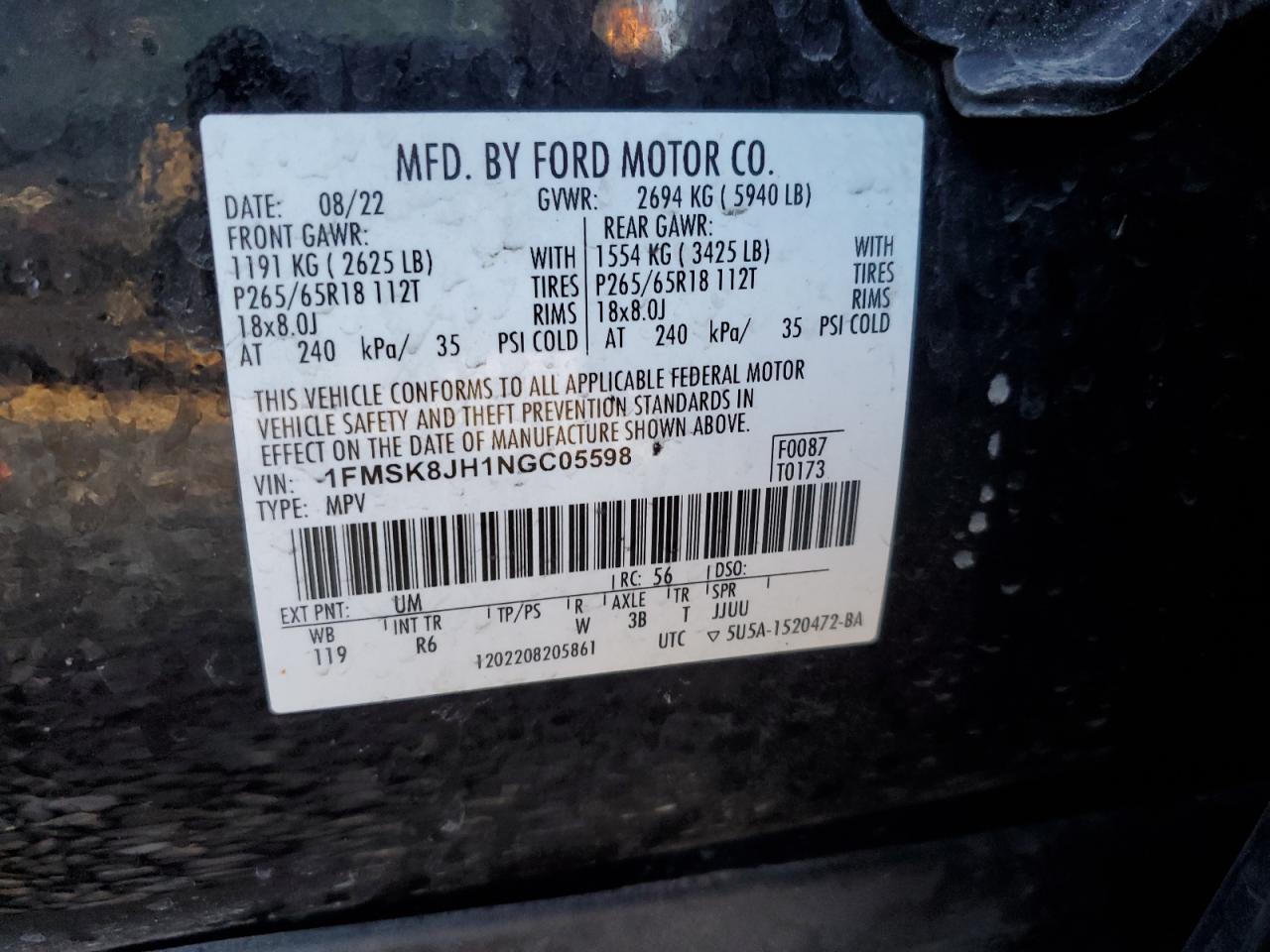 2022 FORD EXPLORER TIMBERLINE VIN:1FMSK8JH1NGC05598