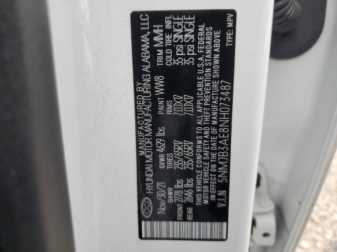 2022 HYUNDAI TUCSON SEL VIN:5NMJB3AE8NH073487