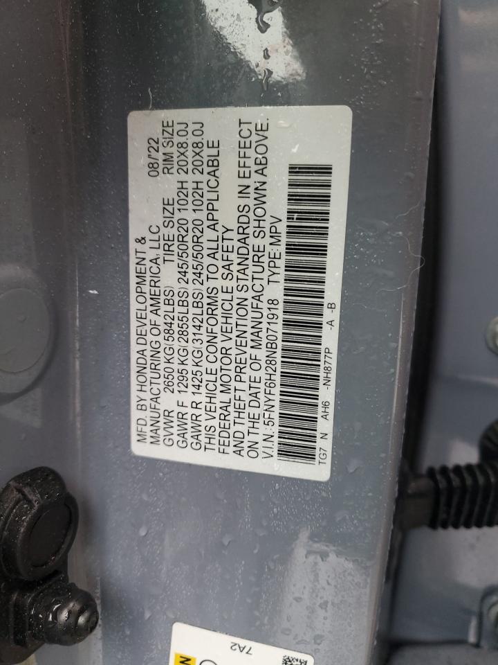 2022 HONDA PILOT SE VIN:5FNYF6H28NB071918