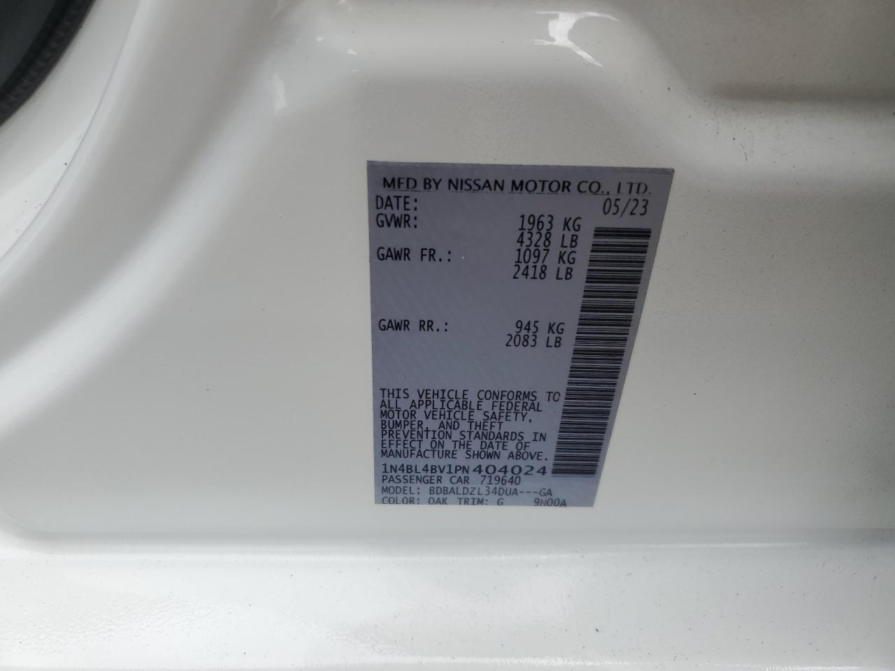 2023 NISSAN ALTIMA S VIN:1N4BL4BV1PN404024