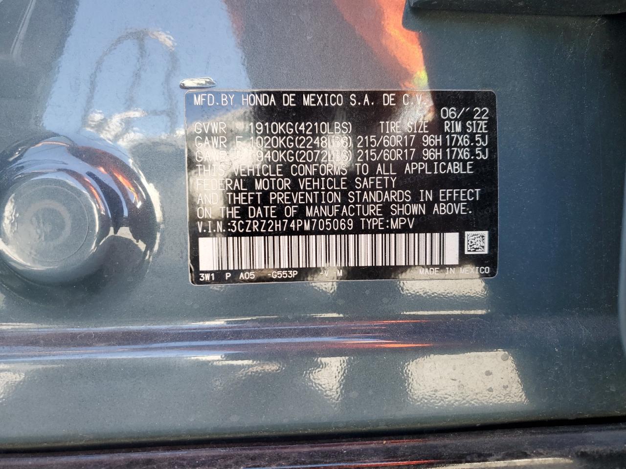 2023 HONDA HR-V EXL VIN:3CZRZ2H74PM705069