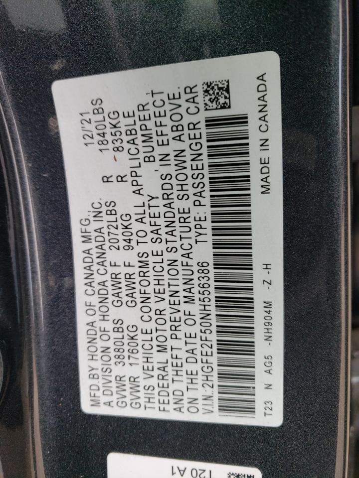 2022 HONDA CIVIC SPORT VIN:2HGFE2F50NH556386
