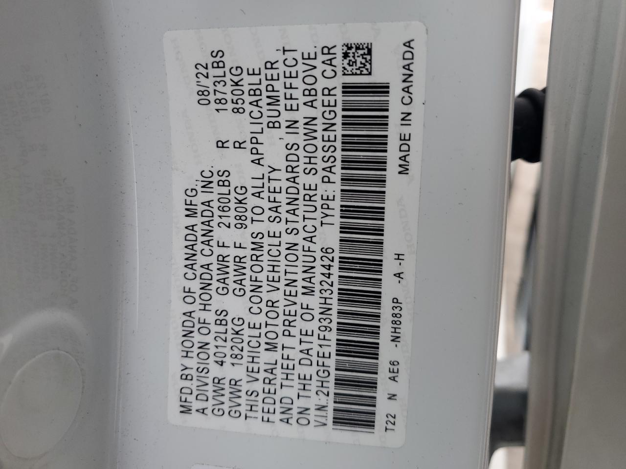 2022 HONDA CIVIC TOURING VIN:2HGFE1F93NH324426