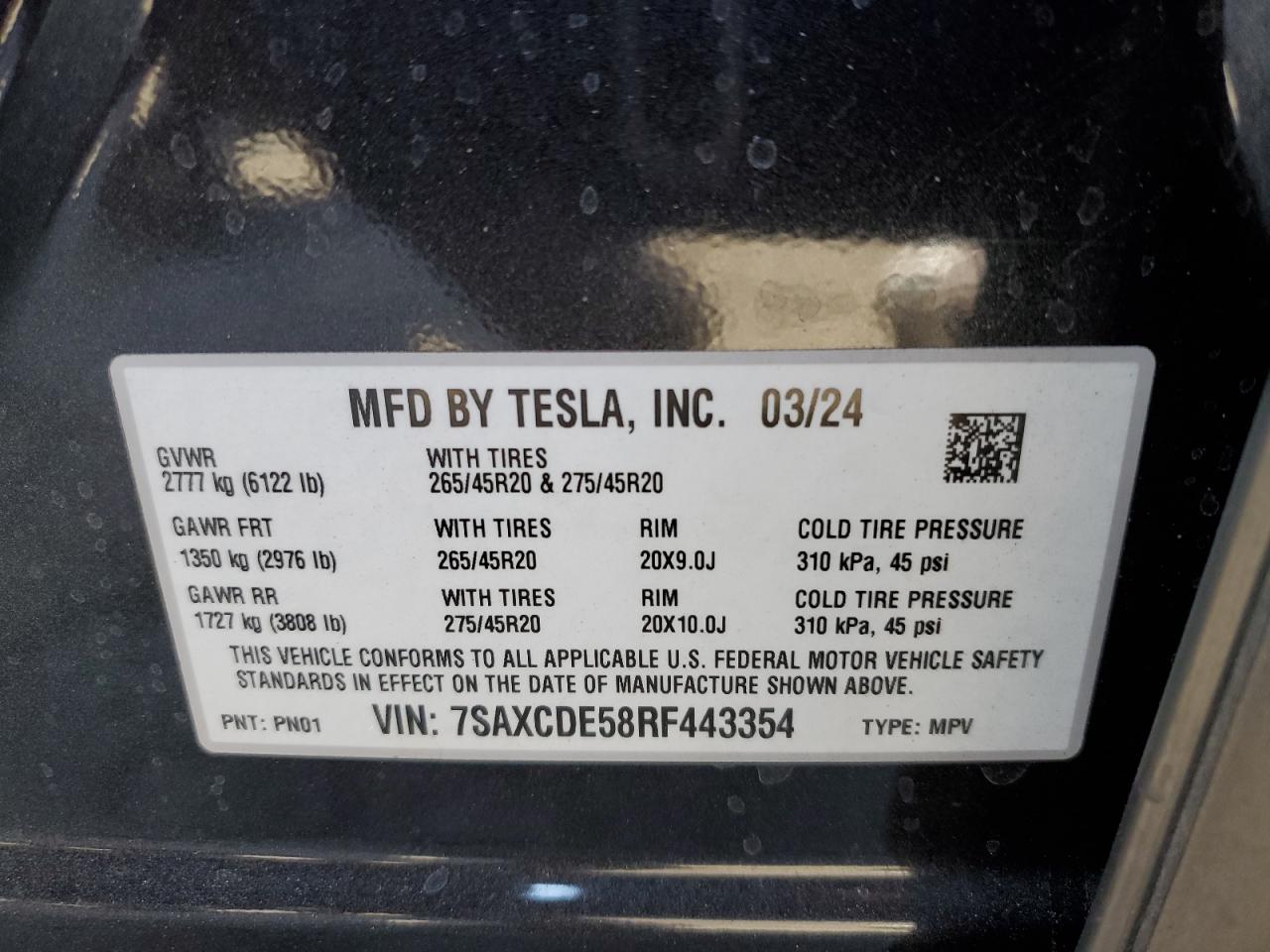 2024 TESLA MODEL X  VIN:7SAXCDE58RF443354