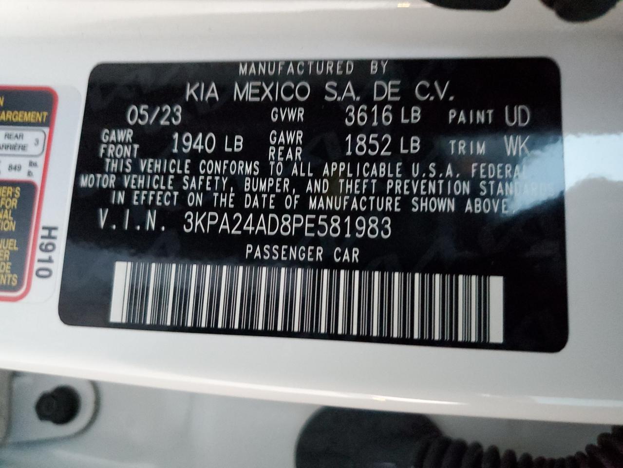 2023 KIA RIO LX VIN:3KPA24AD8PE581983