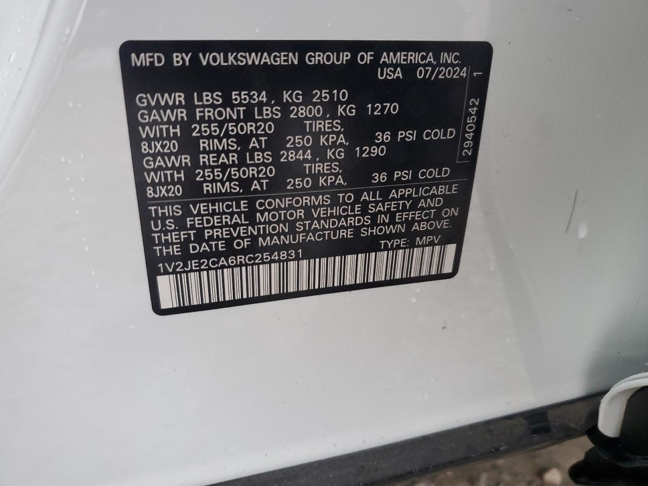 2024 VOLKSWAGEN ATLAS CROSS SPORT SE VIN:1V2JE2CA6RC254831