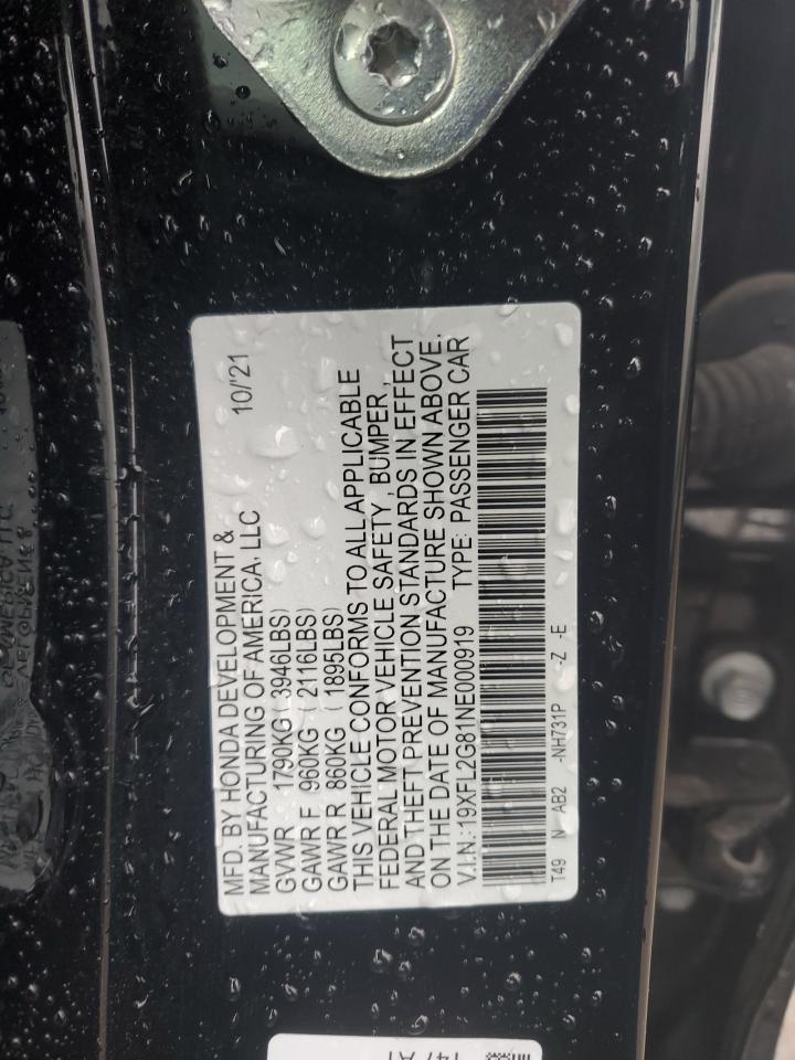2022 HONDA CIVIC SPORT VIN:19XFL2G81NE000919
