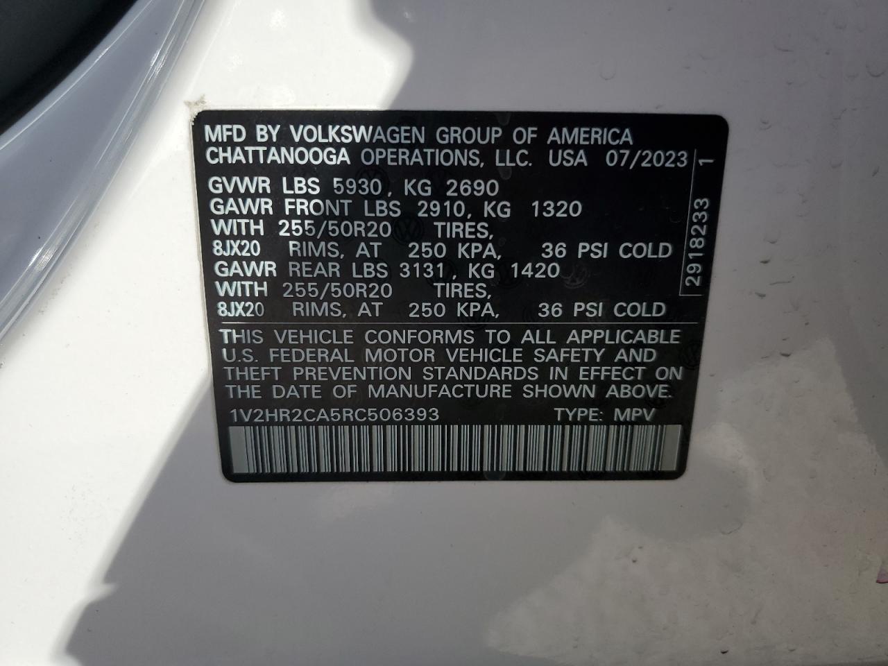 2024 VOLKSWAGEN ATLAS SE VIN:1V2HR2CA5RC506393