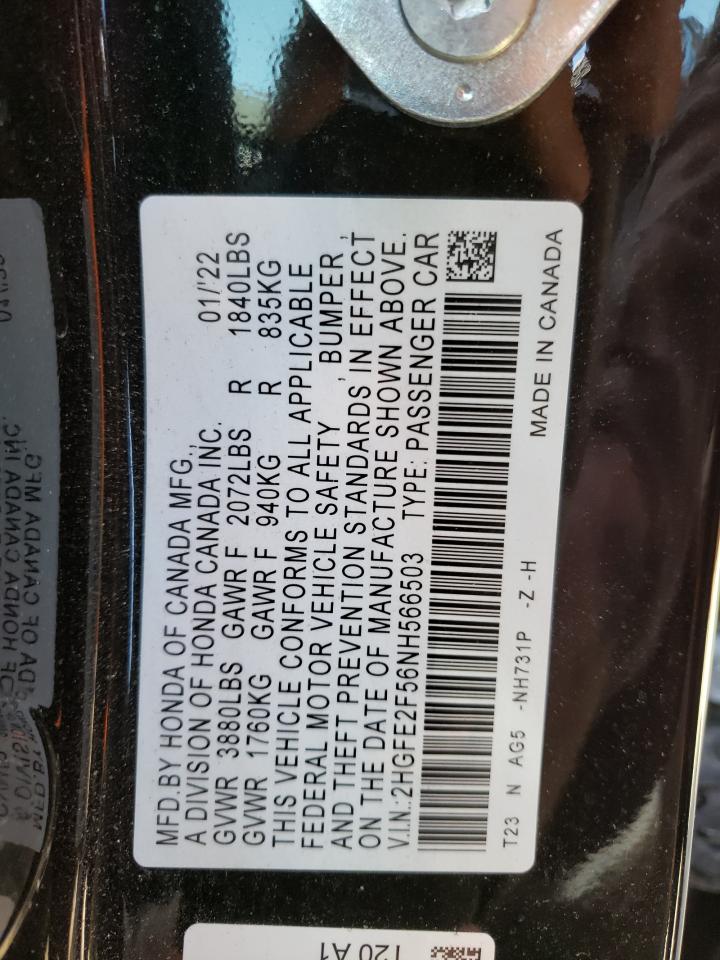 2022 HONDA CIVIC SPORT VIN:2HGFE2F56NH566503