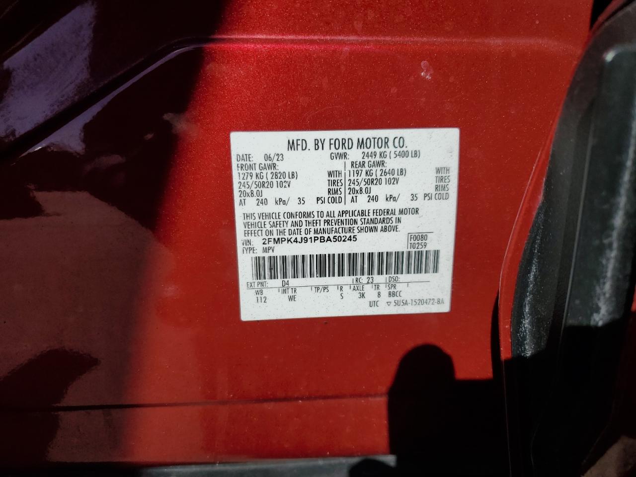 2023 FORD EDGE SEL VIN:2FMPK4J91PBA50245